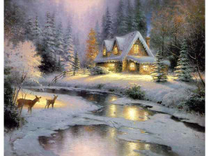 Thomas Kinkade "Deer Creek Cottage" published original, 1995, 16" x 20" Painting available for $135,000 and includes expense paid trip for two to the gallery and personal meeting with Kinkade's brother.