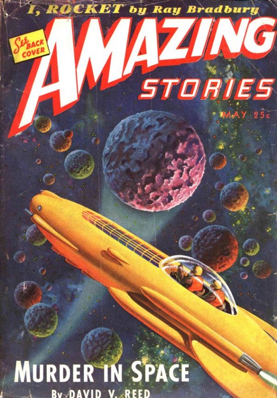 Amazing Stories May 1944, featuring Bradbury's I, Rocket original publication