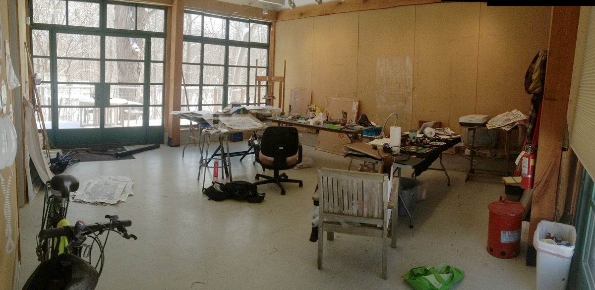 Panorama of the studio, partly filled with my stuff. Panorama-style shot, so the distortion makes it appear bigger than it actually is.
