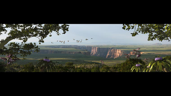 Green Canyon of Dreams This is  another instance of having shot a panorama during one of our IAAA space  art workshops and then staring at it for a year before deciding what to  do with it. This was a piece I did for myself, just imaging a beautiful  alien world I'd love to be able to explore in person. I wanted to create  a sense of walking out of some verdant alien woods to discover a vista  overlooking a canyon in the plains beyond. Much of the foreground  vegetation and some of the distant landscape rendered in Vue and comped  in Photoshop. Some of the alien plants were created in XFrog.