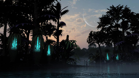 Dawn on Lava Lamp Swamp Another  scene built, composed, and rendered in Vue. This was one of my first  experiments to create a bioluminous effect with luminous materials in  Vue. The 'lava lamp' planets were modeled in XFrog and then given their  luminous materials in Vue. I wanted to try for a misty, humid, pre-dawn  swamp feeling for this one and worked to bring in somewhat more 'alien'  vegetation in the silhouetted trees and plants.