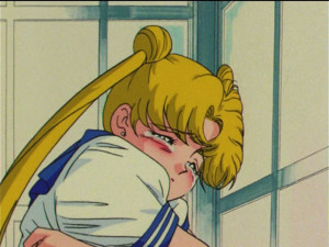 Usagi cries a lot and I don't care, but this scene where she runs into a phone booth and is genuinely sobbing breaks my heart. Image from sailormoonnews.com