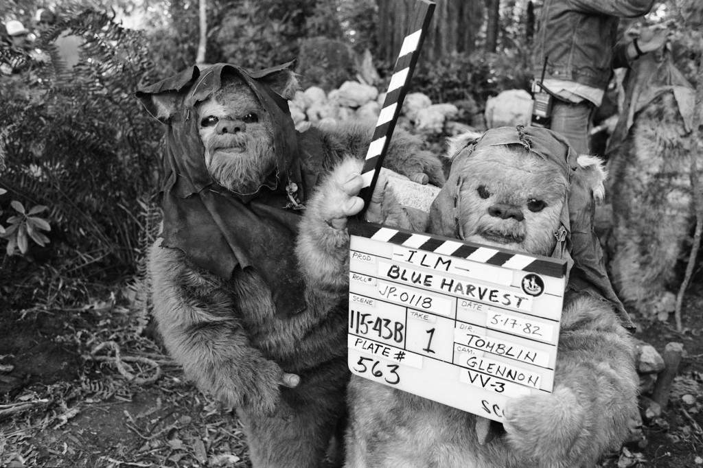 Ewoks seize the clapperboard on May 17, 1982, during second unit work near Crescent City. 215