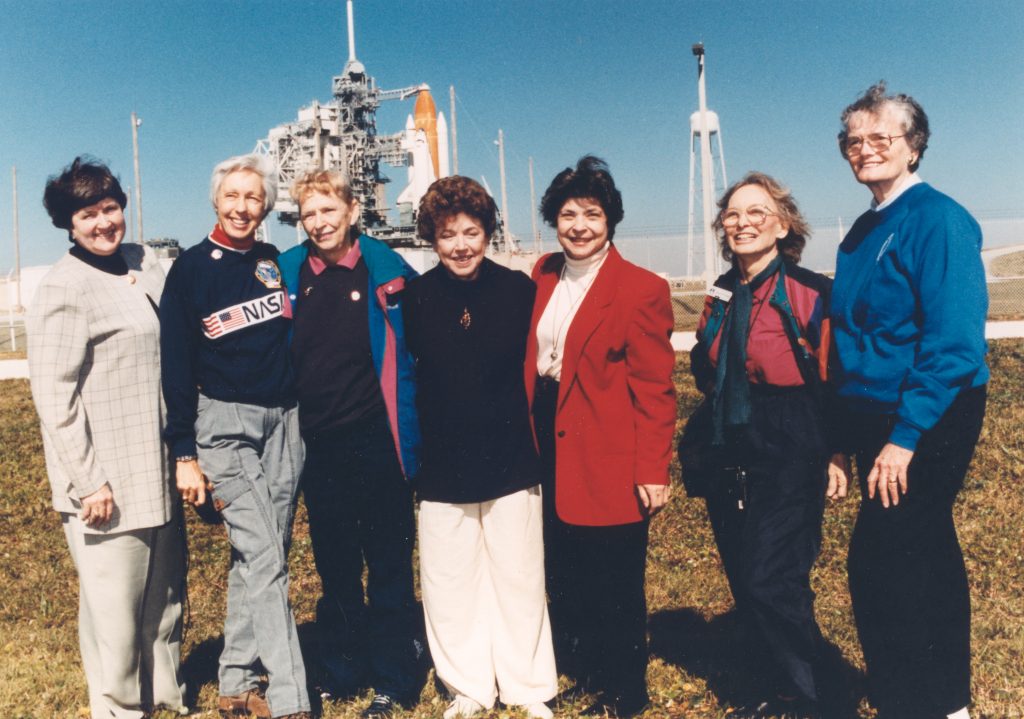 Mercury 13 at Space Shuttle launch in 1995 (from left): Gene Nora Jessen, Wally Funk, Jerrie Cobb, Jerri Truhill, Sarah Rutley, Myrtle Cagle and Bernice Steadman. 