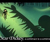 An image of a large cartoon character about to clomp down on a writer. Text: Dear Mickey, a contract is a contract.
