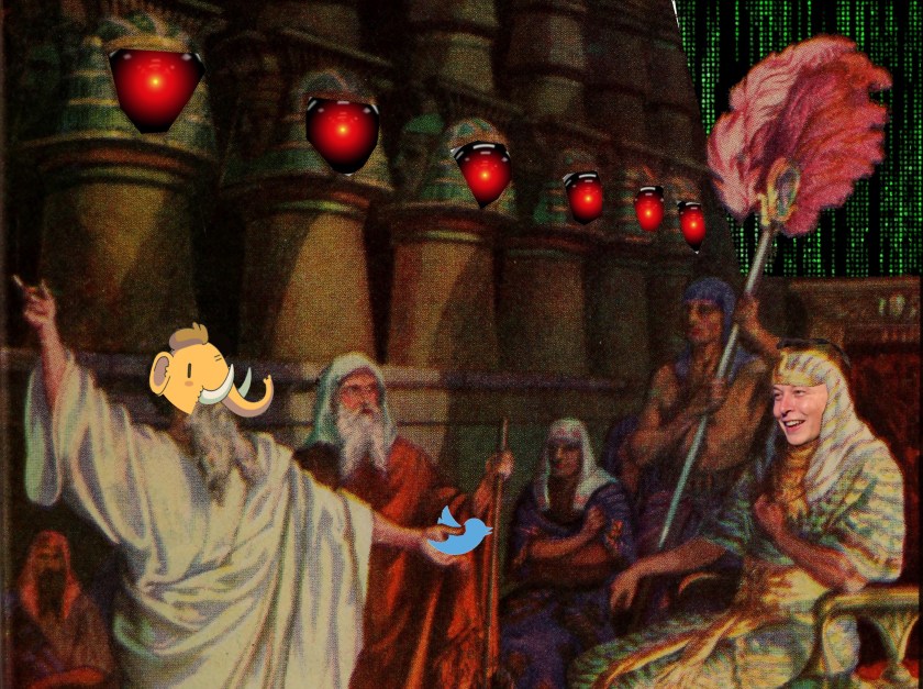 Moses confronting the Pharaoh, demanding that he release the Hebrews. Pharaoh's face has been replaced with Elon Musk's. Moses holds a Twitter logo in his outstretched hand. Moses's head has been replaced with the head of Tusky, the Mastodon mascot. The faces embossed in the columns of Pharaoh's audience hall have been replaced with the menacing red eye of HAL9000 from 2001: A Space Odyssey. The wall over Pharaoh's head has been replaced with a Matrix 'code waterfall' effect.