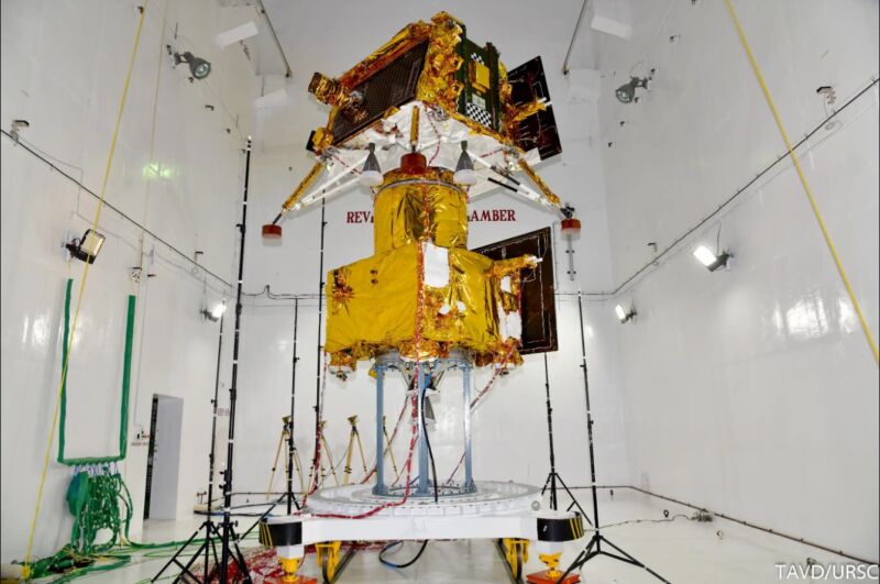India's Chandrayaan-3 lunar spacecraft undergoes accoustic testing. The propulsion module can be seen at the bottom.